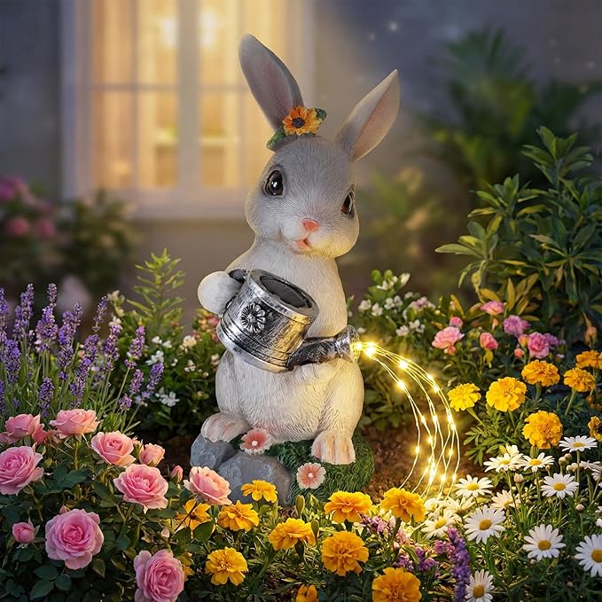 Solar Rabbit Garden Statues Outdoor Decor, Resin Rabbit Figurine Decorations with Solar Light, Whimsical Bunny Sculpture for Garden Patio, Balcony, Yard, Lawn Ornament