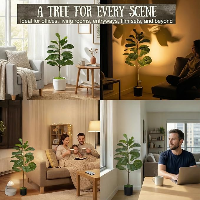 Artificial Fiddle Leaf Fig Tree 3ft (36 Inch) Tall - with Remote LED Spotlight - Realistic Faux Potted Plant & Moss for Living Room & Office Decor