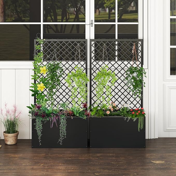 MOTION 2 Pcs Outdoor Raised Garden Bed with Trellis - Free Standing Planter for Hanging Flower Baskets Lattice Planter Boxes, Black