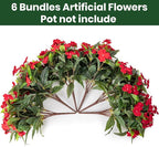 Nigirior Artificial Fake Flowers for Outdoor Décor 6 Bundles UV Resistant Fake Plants for Planter Faux Impatiens for Home Porch/Garden Stunning（Red）