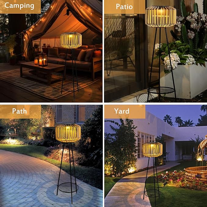 Outdoor Floor Lamp Outdoor Solar Lights Rattan Lamp with Plant Stands Metal Tripod Outdoor Floor Lamps for Patio Yard Deck Porch Walkway Driveway Garden Decor