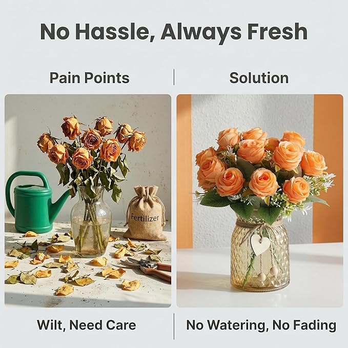 Faux Flowers in Vase, 18 Pcs Fake Rose Flowers with Glass Vase, Artificial Flower Arrangement Home Decor Indoor Centerpiece for Living Room & Dining Table, Orange, 12 Inches