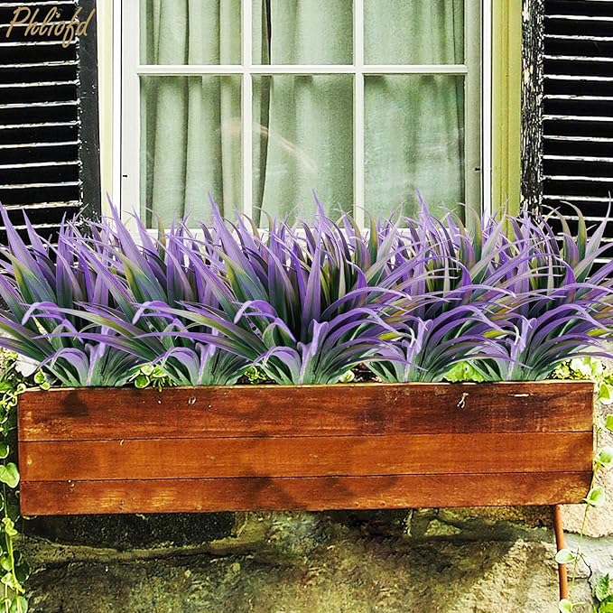 32 Pcs Artificial Grass Fake Plants 17.3in Outdoor Plants UV Resistant Faux Greenery Stems Fake Grass for Home Window Garden Office Patio Pathway Front Porch Halloween Décor Green & Purple
