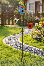 3-in-1 Bird House with Pole for Outside, Multi-Colored Metal Bird Houses for Outside, Durable Colorful Birdhouse on Stake for Bluebirds, Squirrel Proof with Easy-Clean Rear Doors, Garden Decor