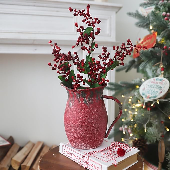 Vintage Country Metal Flower Vase Farmhouse Decorative Milk Can Pot Rustic Pitcher Jug for Home Kitchen Cabinets Table Centerpiece Decor Gifts Retro Red