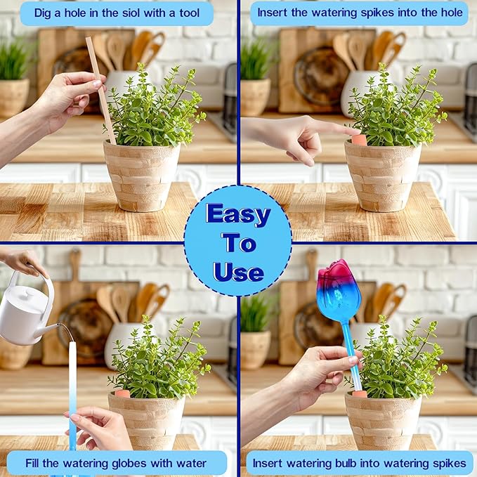 4Pcs No-Clog Glass Plant Watering Globes,Self Watering Planter Insert with Terracotta Watering Spikes,Water Bulbs for Indoor&Outdoor Plants,Vacation Plant Watering Devices,Tulip-Shaped