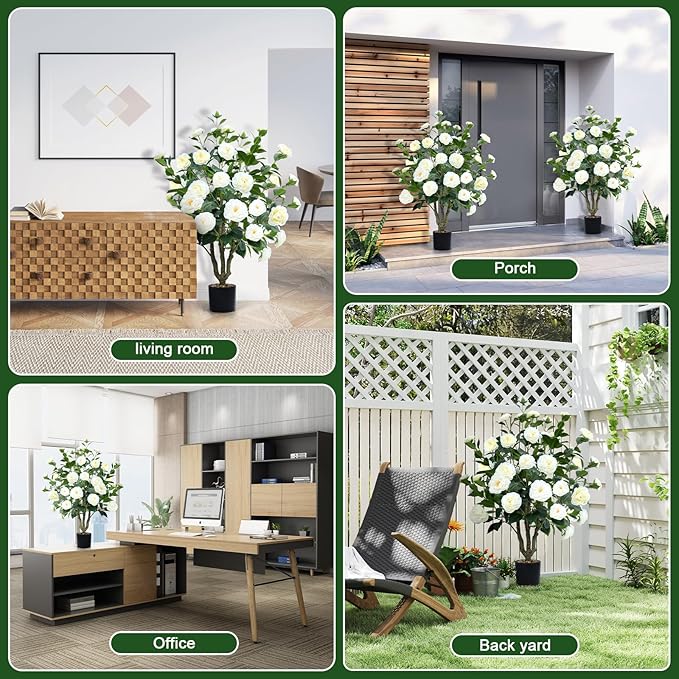Artificial Camellia Tree 2 Pack 42" Faux Camellia Plant in Pot with 32 Blooming Flowers Fake Flower Tree Greenery Potted Plant for Indoor Outdoor Office Home Porch Decor White