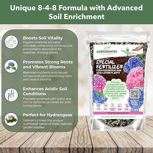 GARDENWISE Slow Release Hydrangea Fertilizer with Iron & Sulfur – Indoor & Outdoor Soil Acidifier for Miracle Growth (3 qt)