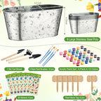 6 Sets Flower Pot Painting Kit DIY 6 Large Spring Metal Iron Plant Pots with Acrylic Paint Stickers Brushes Plant Labels Gardening Tools Kit for Planting Crafts Spring Birthday Easter Gift