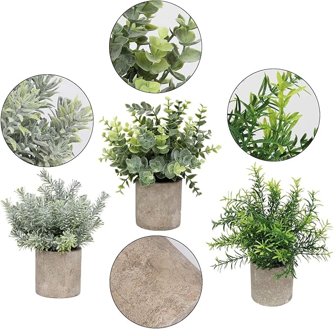 Flojery 2 Pack Small Fake Plants Faux Eucalyptus Potted Artificial Plants for Home Indoor Office Bathroom Dining Room Coffee Table Décor