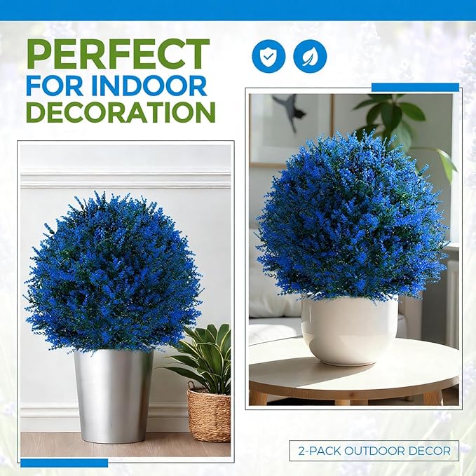 Lunmon 2 Pack 24" Artificial Topiary Ball Plants Trees with Flowers, Outdoor Fake Topiary Plants with Ground Spike, UV Resistant Faux Bushes for Indoor Outdoor Front Door Decor(Blue,Lavender)