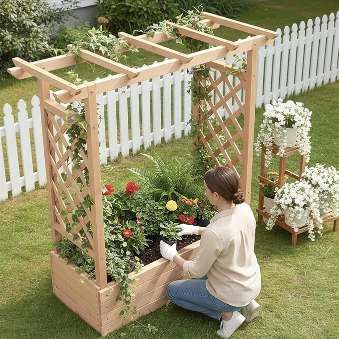 VINGLI 45 in Raised Garden Bed with Trellis & Hanging Roof, Wooden Elevated Planter Box with Drainage Holes for Outdoor Climbing Plants Vegetables Flowers, Patio Yard Balcony (Natural Wood, Medium)