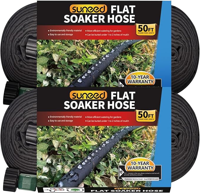 Flat Soaker Hose 50FT 2-Pack for Garden Beds, Drip Irrigation Hose for Efficient & Effective Watering of Plants – Garden Soaker Hoses with Flexible & Easy to Install (50FT 2Pack)