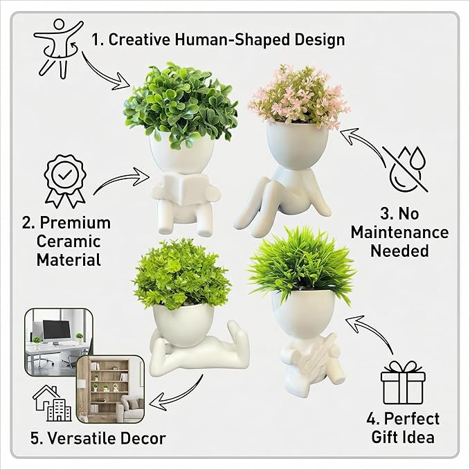 4 Packs Creative Small Fake Plants Artificial Succulents in Ceramic Human Shaped Pots Cute Office Plants For Desk Home Decor Funny Premium Ceramic Faux Succulent Perfect Humorous Gift Idea (4, white)