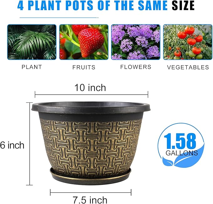 Nooulap 10 Inch 4 Pack Flower Pots for Outdoor, Plant Pots Outdoor with Drainage Holes and Trays, Retro Antique Imitation Plastic Garden Pots for Planter Indoor (Gold)