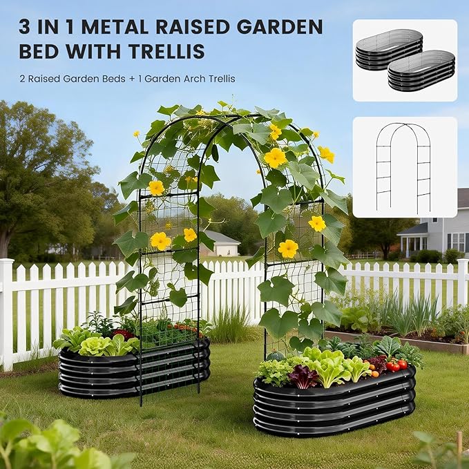3 in 1 Galvanized Raised Garden Bed with 87" H Arch Trellis for Climbing Plants, Outdoor Gardening Planter Box with Climbing Net for Flower Vegetables Fruits Herbs, Black
