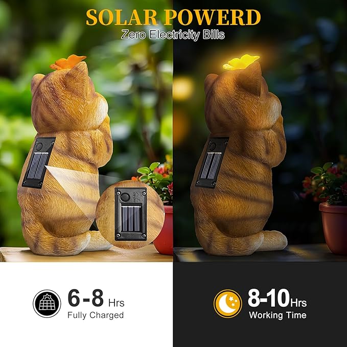 Solar Garden Decor Outdoor Statues Cat - Lawn Decor Statue for Patio, Balcony, Yard Ornament - Unique Gifts for Housewarming, Birthday, Christmas (Yellow)