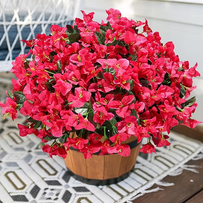 Fake Bougainvillea Artificial Flowers for Outdoors Spring Decor, 4 Bundles Outdoor Bougainvillea Silk Flowers for Outside Faux Plants UV Resistant Realistic for Planter Patio Porch Garden, Hotpink