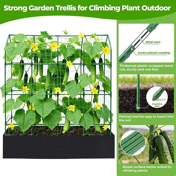 Large Cucumber Trellis for Climbing Plants Outdoor with Grow Bag,67" Tall Metal U-Frame Plant Trellis for Cucumber with Garden Netting and Plant Clip Plant Ties for Vegetables Tomatoes Squash Pea