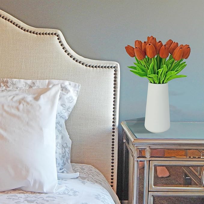 Mandy's Burnt Orange Artificial Tulips Flowers Centerpiece, 13.5" Lifelike PU Fake Floral Stems 20pcs for Kitchen Island & Dining Table, Spring Decor for Easter