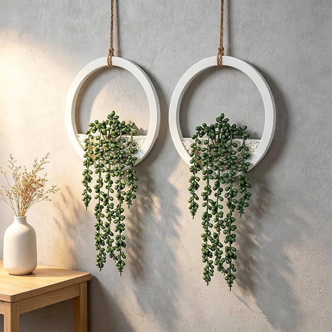 Boho Wall Decor, 2Pcs Fake Hanging Plants Artificial Succulents, Indoor Hanging Planter Greenery Decor, Perfect for Bathroom Living Room Bedroom Office Washroom, Faux Succulent Wall Floating Plants
