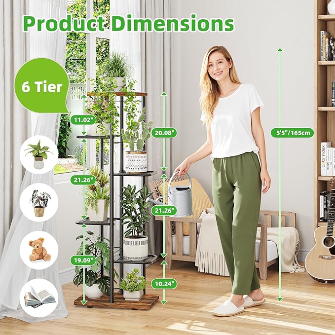 Simple Trending Plant Stand Indoor Outdoor, 6 Tier Plant Shelf, Tall Corner Flower Pot Holder, Metal Display Rack for Patio Balcony Living Room,Brown
