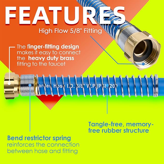 5/8 IN. × 25FT. Heavy Duty Rubber Garden Hose, High Flow 5/8" I.D. Brass Fitting No Memory Durable Heavy Duty Water Hose for Watering, Irrigation, Water Transfer Pump