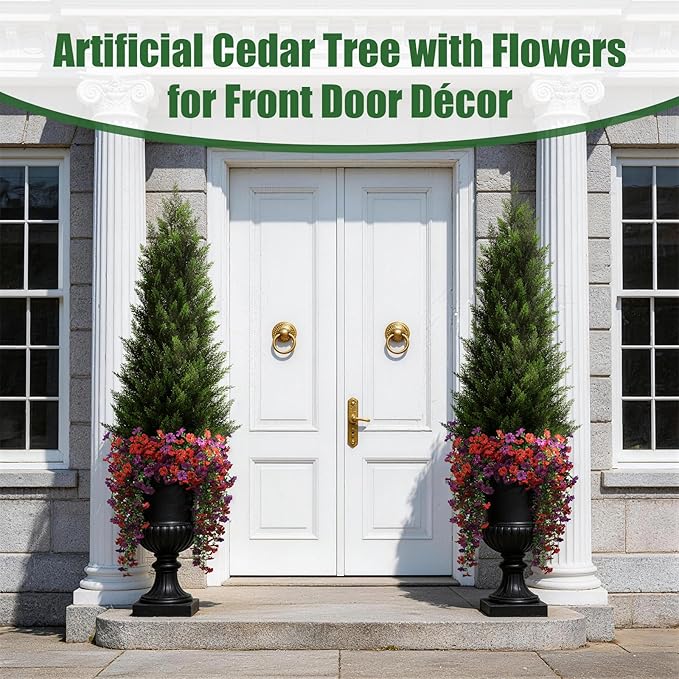 Artificial Topiary Cedar Trees 4FT Tall 2 Set with 12 Bundles Faux Silk Flowers, Outdoor Indoor Faux Pine Shrubs Plants, Fake Bushes Plants for Home Front Porch Door Patio
