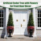 Artificial Topiary Cedar Trees 4FT Tall 2 Set with 12 Bundles Faux Silk Flowers, Outdoor Indoor Faux Pine Shrubs Plants, Fake Bushes Plants for Home Front Porch Door Patio