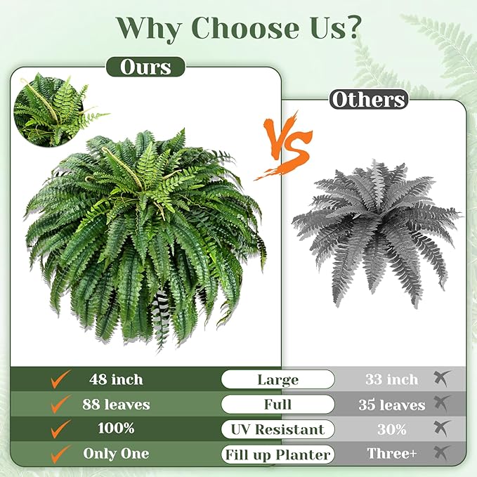 MARTINE MALL 2Pcs 48''/ 88 Leaves XXL Large Fake Ferns Artificial Ferns for Outdoors, UV Resistant Faux Boston Fern for Outdoor Planter Realistic Hanging Artificial Fake Plants for Porch Patio