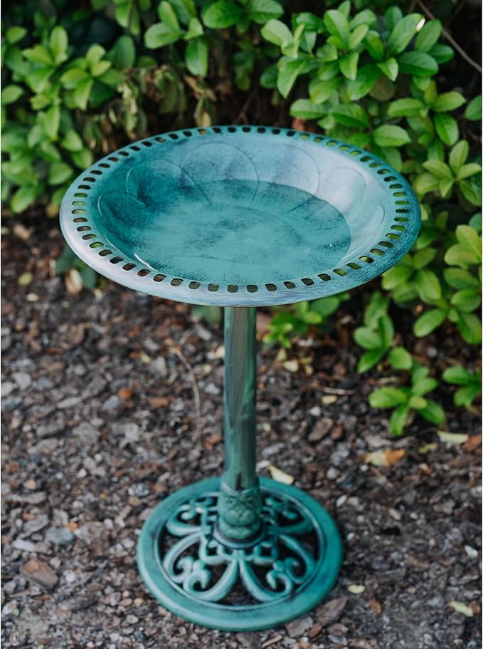 Backyard Expressions Outdoor Garden Bird Bath - Green - Weather Resistant Polyresin - 27 Inch
