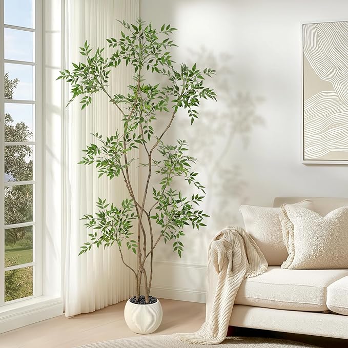 GarveeHome Artificial Plants Indoor,6 ft Tall Faux Floor Plant in Pot, Nandina Artificial Tree with White Planter for Home Decor Office Living Room