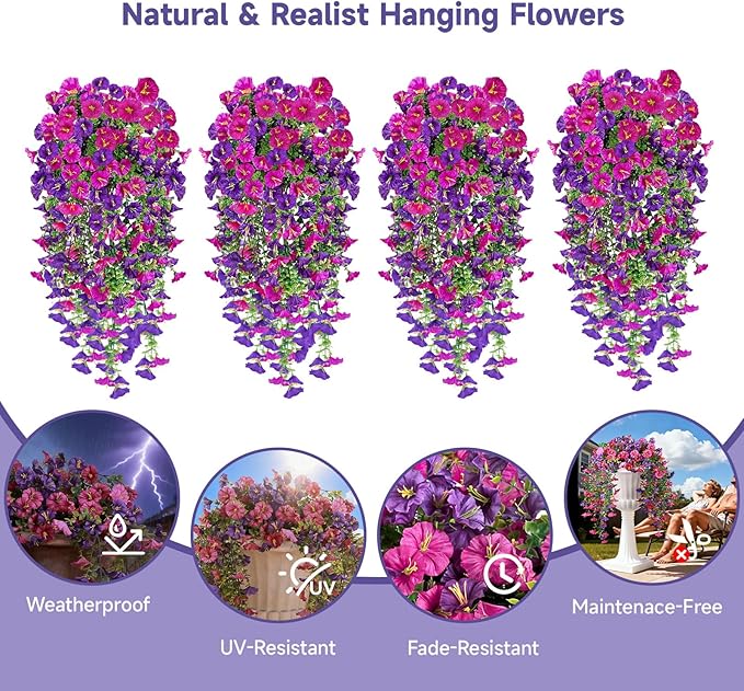 Artificial Hanging Flowers for Outdoors, 4 PCS 600 Blooms UV Resistant Morning Glory Faux Silk Vines, No-Odor Realistic Fake Plants for Garden Planter Porch Patio Decoration, Fuchsia & LightPurple