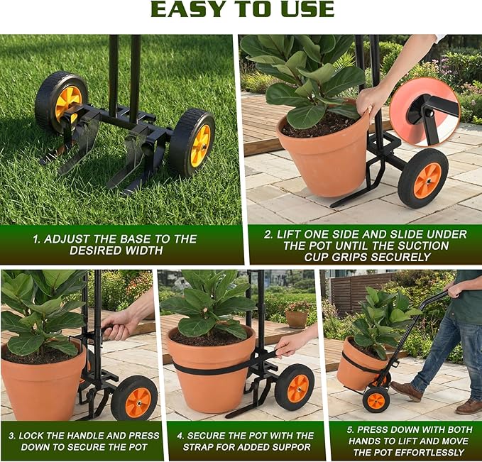 Housolution Plant Caddy with Wheels, Heavy Duty Plant Dolly for Big Pots, Plant Mover with Adjustable Grabbing Arm and Base, Trolley Cart for Seniors, Lawn, Patio, Backyard Gardening