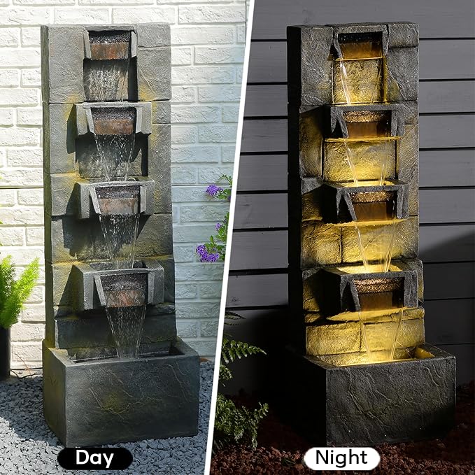 Outdoor Waterfall Fountain with LED Lights, 41” Tall Stone-Look Cascading Water Feature for Home Décor, Realistic Flowing Water Sound for Relaxation, Freestanding Indoor/Outdoor Fountain