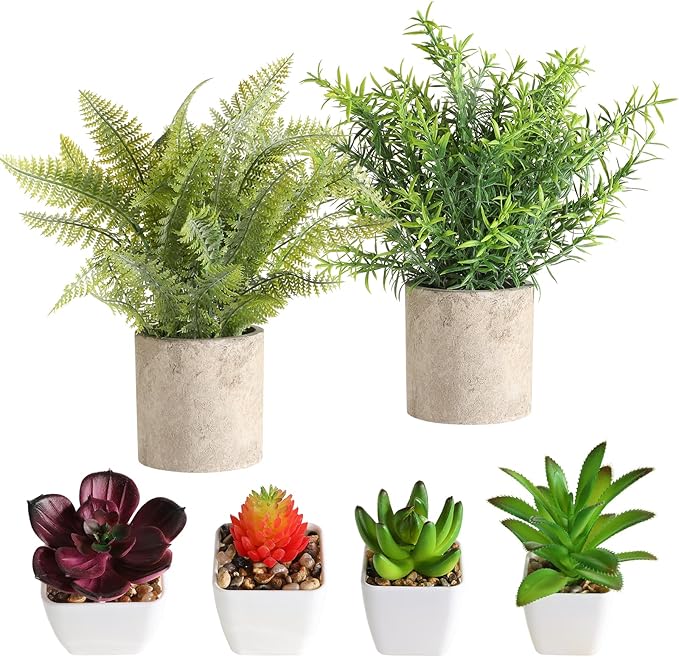 Veryhome 6Pcs Small Fake Plants - Mini Succulents Plants Artificial Greenery Potted Plant Indoor, Faux Rosemary Fern in Pots for Home Room Office Desk Table Shelf Bathroom Modern Farmhouse Decor