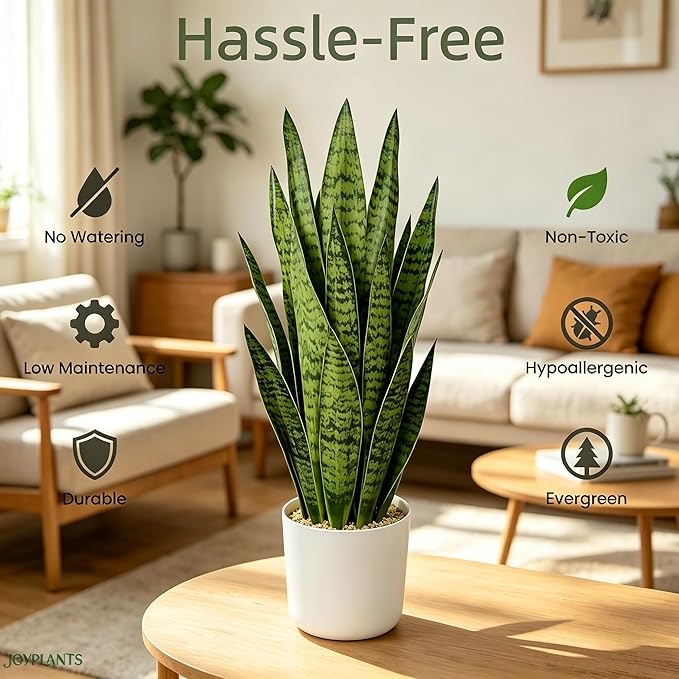 Fake Snake Plant, 27in Artificial Plant with White Pot Realistic Leaves, Low Maintenance Potted Plant for Indoor Decor, No Watering Needed, Perfect for Home, Office & Pet Areas