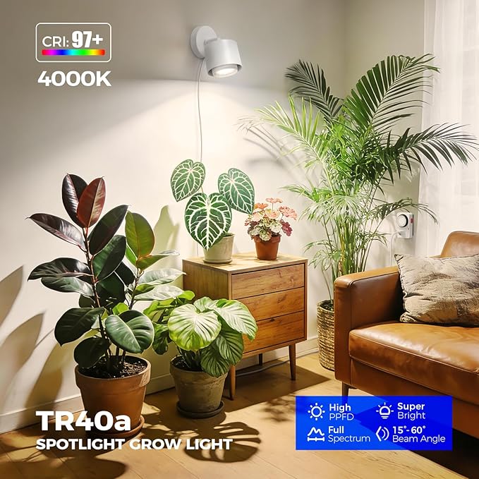 Barrina TR40a Track LED Grow Lights for Indoor Plants, 15°-60° Adjustable Beam Angle, 40W 4000K Wall Mounted Plant Light, Full Spectrum Ceiling LED Growing Lamps with Timer, White Cover, 1-Pack