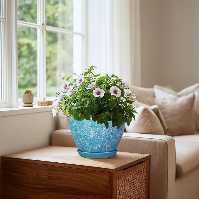 8 Inch Pots for Plants - Ceramic Planters for Indoor Outdoor Plants, Decorative Plant Pots with Drainage Hole and Saucer, Round Indoor Flower Pot, House Decor, Gardening Gifts, Bubble Blue