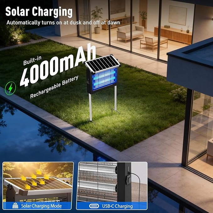 Solar Bug Zapper Outdoor Waterproof, Mosquito Zapper USB-C Rechargeable Solar Bug Zapper Outdoor, 4500V Electric Bug Zapper, Mosquito Trap Fly Zapper Killer for Patio Garden Backyard Camping Garage