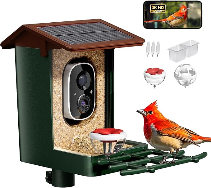 Smart Bird Feeder with Camera Solar Powered 2K HD Video, 10,000+ Species AI Recognition, Real-Time App Alerts, and Weatherproof Design for Effortless Birdwatching, Gift for Father's Day, Green Brown