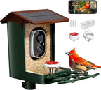 Smart Bird Feeder with Camera Solar Powered 2K HD Video, 10,000+ Species AI Recognition, Real-Time App Alerts, and Weatherproof Design for Effortless Birdwatching, Gift for Father's Day, Green Brown