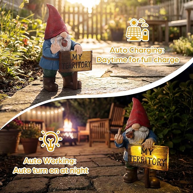 Lavezee Funny Garden Gnome, Middle Finger Gnomes Statue with Solar Lighted Sign – “My Territory” for Patio Backyard Porch Outdoor, Humorous Housewarming Gifts for Men Dad Husband