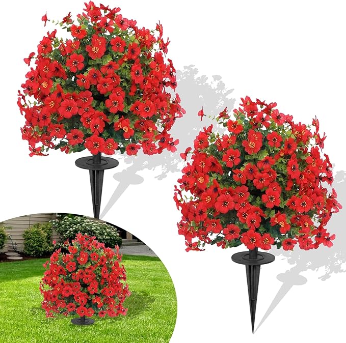 23" Set of 2 Artificial Boxwood Topiary Ball with Violet Flowers with Spikes for Outdoor , UV Resistant Faux Greenery Shrubs, Realistic Fake Bushes Plants for Garden, Yard, Front Porch, Patio Decor