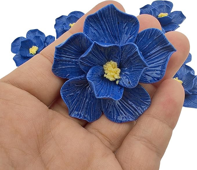 10 PCS 3D Flower Ceramic Tiles,1.6" Handmade Procelain Ceramic Flowers for Artwork,Fish Tank,Vases,Living Room, Dining Table,Office, Home Floral Decor (Double-Flowered Deep Blue)