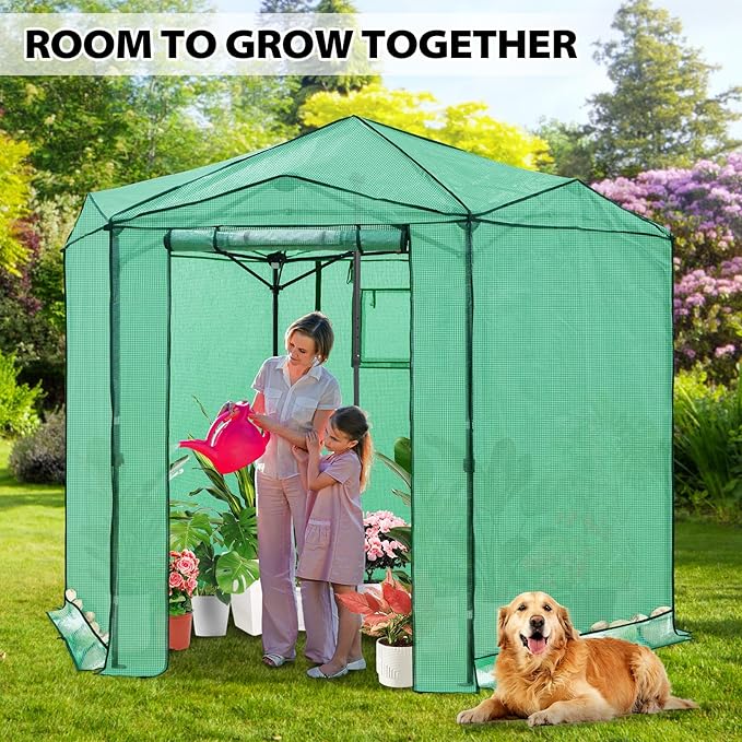 EAGLE PEAK 8.5x8.5 Portable Walk in Greenhouse, Pop Up Indoor Outdoor Greenhouse, Green House Kit with Zippered Roll-Up Doors and Windows, Hexagon Design, PE Cover, Clear/Green