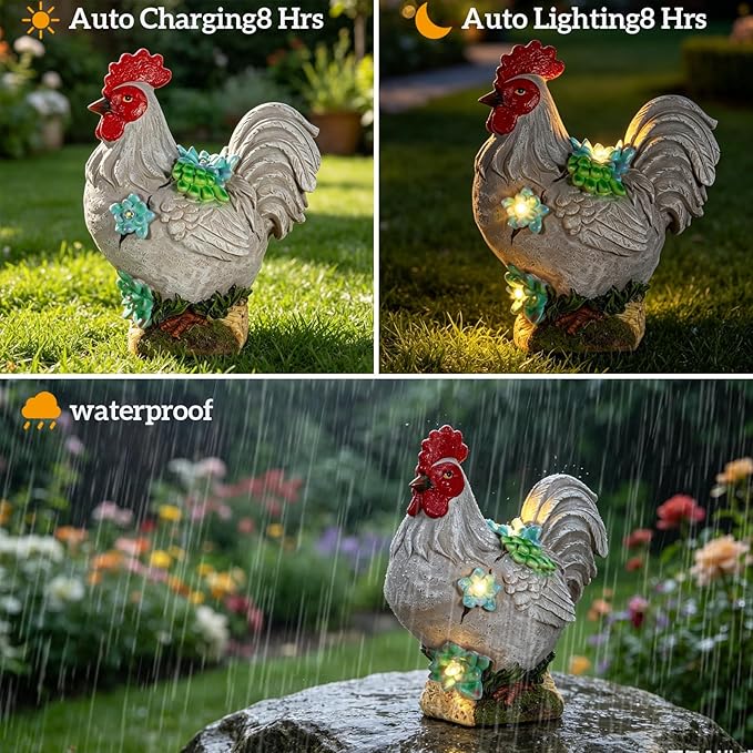 mocosa Solar Garden Statues Gray Rooster and LED Lights Birthday Gifts for Women Mom Grandma Solar Outdoor Cat Decor for Outside,Outdoor Solar Lights for Yard, Garden and Patio, Unique Gift for Women