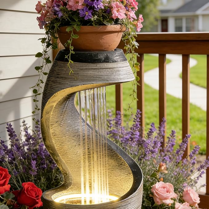 37" S-Shaped Outdoor Water Fountain with LED Lights, Modern Resin Cascading Waterfall Feature for Garden, Patio, Backyard or Porch, Large Decorative Zen Water Feature – 21" L x 21" W x 37.9" H