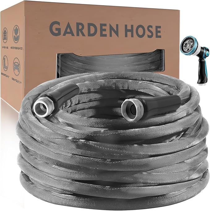 Non-Expandable Garden Hose 75feet, with 10 Function Hose Nozzle, Tough & Flexible, Lightweight, Crush Resistant Fittings, Kink & Tangle Free, Rust Proof
