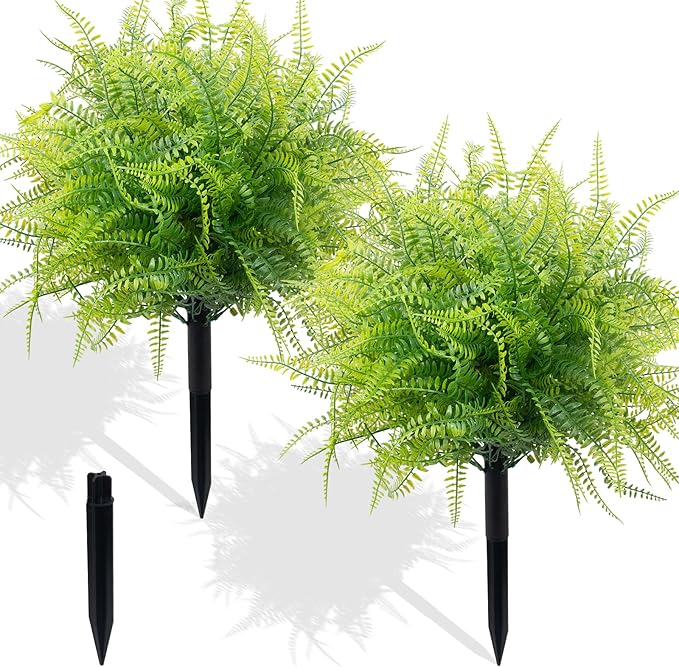 2 Pack 23.6" Artificial Fern Topiary Ball Trees with Ground Spike, Outdoor UV Resistant Fake Evergreen Trees Shrubs Bushes Artificial Plants Faux Bosten Fern Plants for Porch, Garden, Front Door